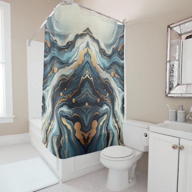 Blue Teal Gold Agate Modern Glam Elegant Beachy Shower Curtain (In Situ)