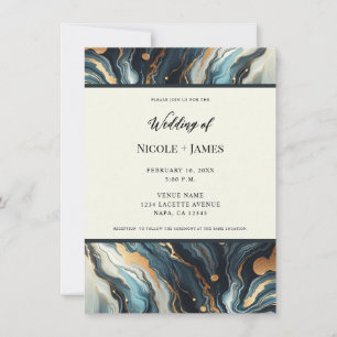 Blue Teal Gold Agate Modern Glam Elegant Wedding Invitation