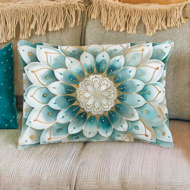 Blue Teal Gold Floral Mandala  Decorative Cushion (Creator Uploaded)