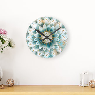 Blue Teal Gold Floral Mandala  Round Clock