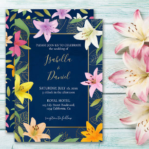Blue Teal & Gold Tropical Lily Wedding Invitation
