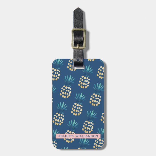 Blue, Teal & Gold Tropical Pineapple Fruit Pattern Luggage Tag (Front Vertical)