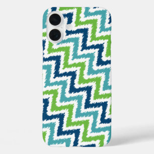 Blue Teal Green Diagonal Zigzag Ikat Pattern iPhone 16 Plus Case