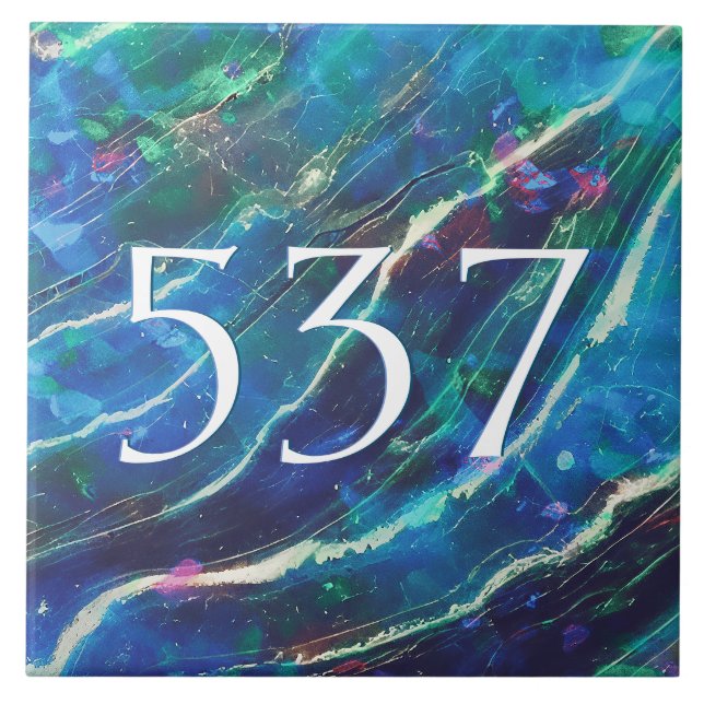 Blue Teal Green Elegant Marble House Number Plaque Tile (Front)