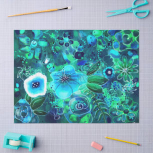 Blue Teal Green Floral Abstract Flower Decoupage Tissue Paper