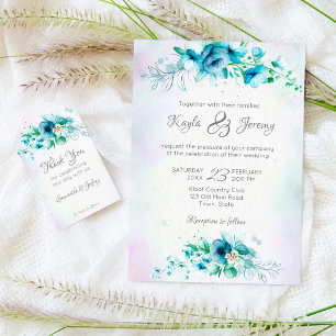 Blue teal green flowers floral  invitation