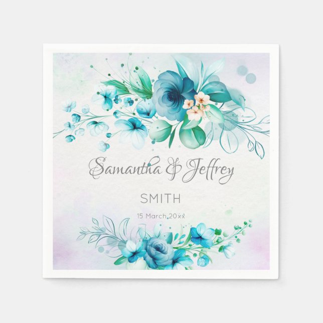 Blue teal green flowers floral  napkin (Front)