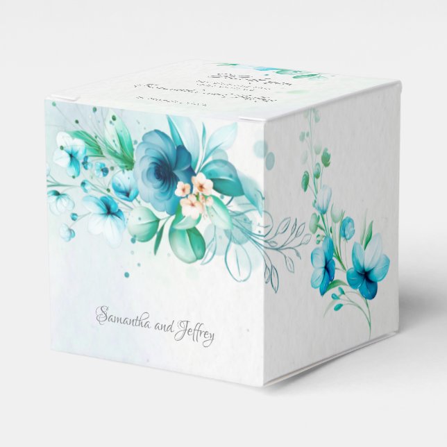 Blue teal green flowers floral wedding favour box (Front Side)