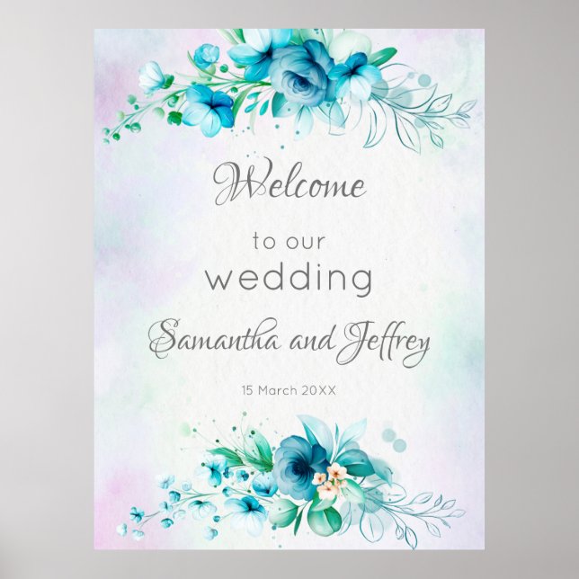 Blue teal green flowers floral welcome sign (Front)
