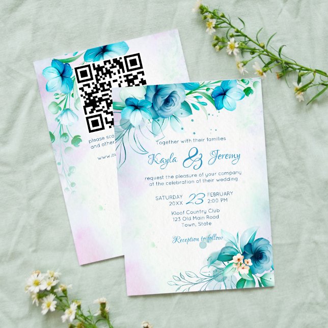 Blue teal green flowers wedding floral all in one invitation (Creator Uploaded)