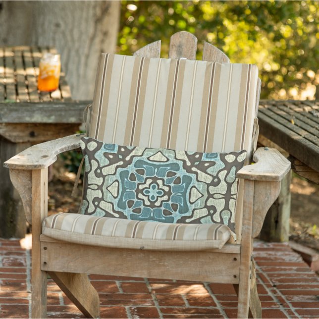 Blue Teal Green Grey Taupe Brown Orient Tribal Art Lumbar Cushion (Chair)