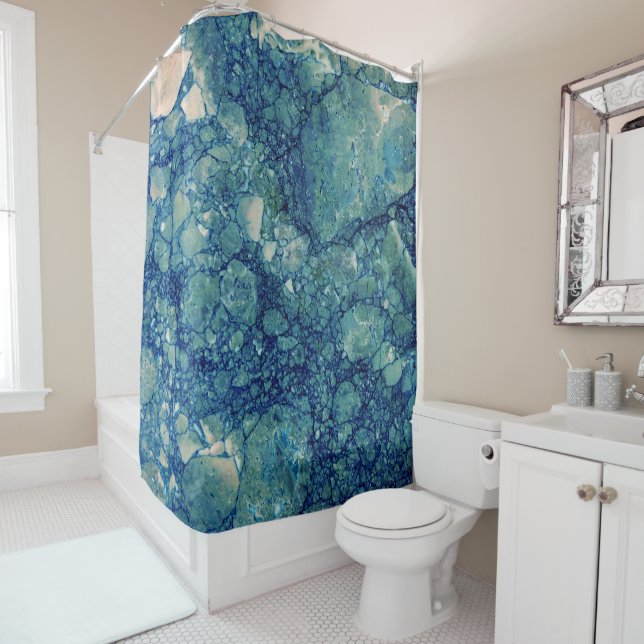 Blue Teal Green Marble Texture Shower Curtain (In Situ)