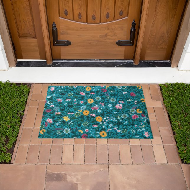 Blue Teal Green Red Pink Yellow Floral Pattern Doormat (Outdoor)