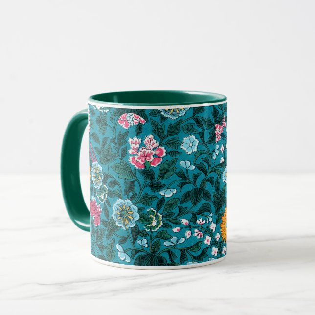 Blue Teal Green Red Pink Yellow Floral Pattern Mug (Front Left)