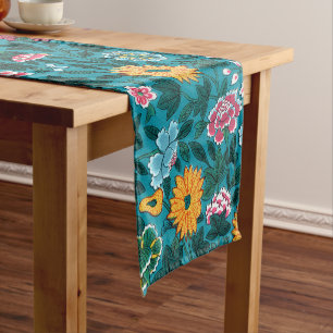 Blue Teal Green Red Pink Yellow Floral Pattern Short Table Runner