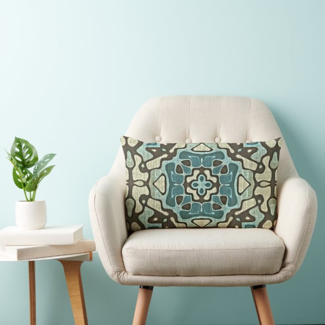 Blue Teal Green Taupe Brown Bohemian Tribe Art Lumbar Cushion (Chair)