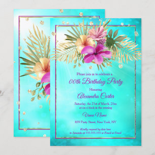 Blue Teal Hibiscus Purple Pink Birthday Party Invitation
