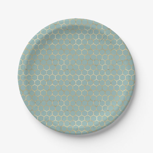 Blue Teal Honeycomb Gold Glitter Birthday Paper Plate (Front)