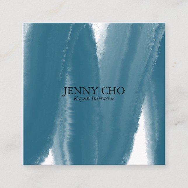 Blue teal inky paint stripe brush stroke water square business card (Front)