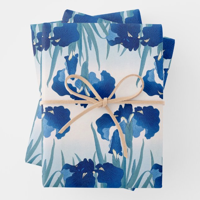 Blue & Teal Irises Wrapping Paper Sheet (In situ)