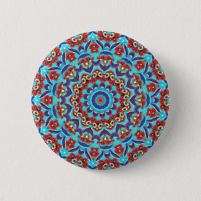 Blue Teal Leaf Floral Mandala Boho 6 Cm Round Badge (Front)