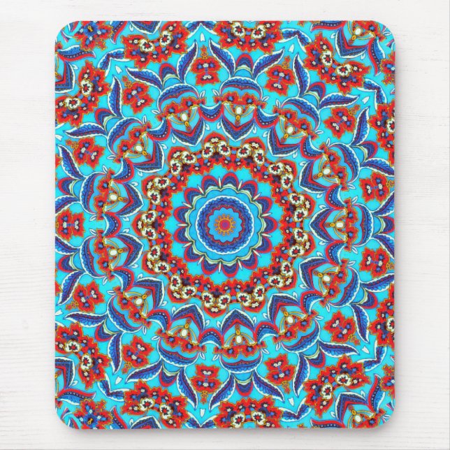 Blue Teal Leaf Floral Mandala Boho Mouse Mat (Front)
