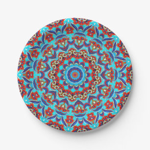 Blue Teal Leaf Floral Mandala Boho Paper Plate