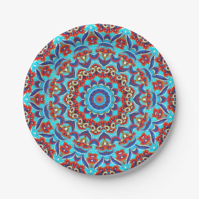 Blue Teal Leaf Floral Mandala Boho Paper Plate (Front)