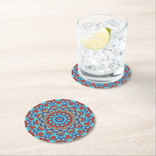 Blue Teal Leaf Floral Mandala Boho Round Paper Coaster