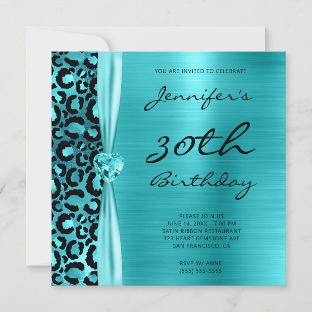 Blue Teal Leopard Glam 30th Birthday Invitation (Front)