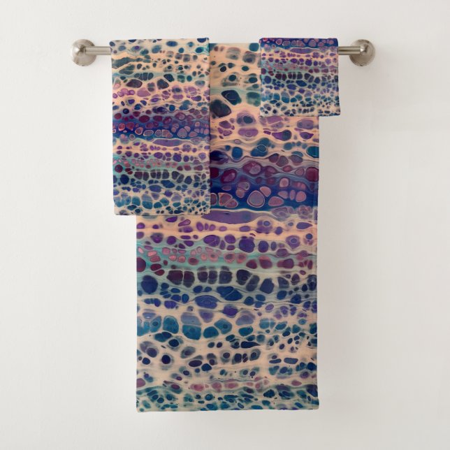 Blue Teal Lilac White Acrylic Abstract Fluid Art  Bath Towel Set (Insitu)