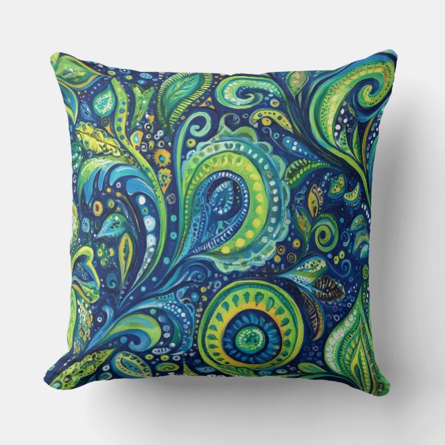 Blue Teal Lime Green Whimsical Flowers Cushion (Front)