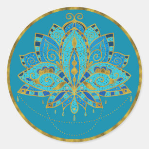 Blue Teal Lotus with Golden Accents Classic Round Sticker