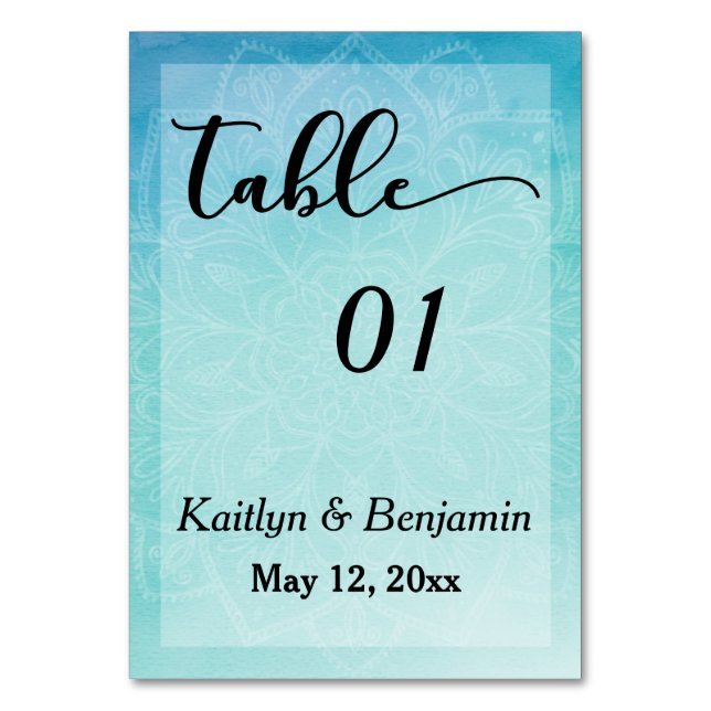 Blue/Teal Mandala Watercolor Wedding Table Number (Front)