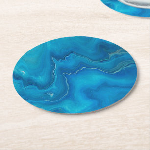Blue & Teal Marble Agate Abstraction Round Paper Coaster