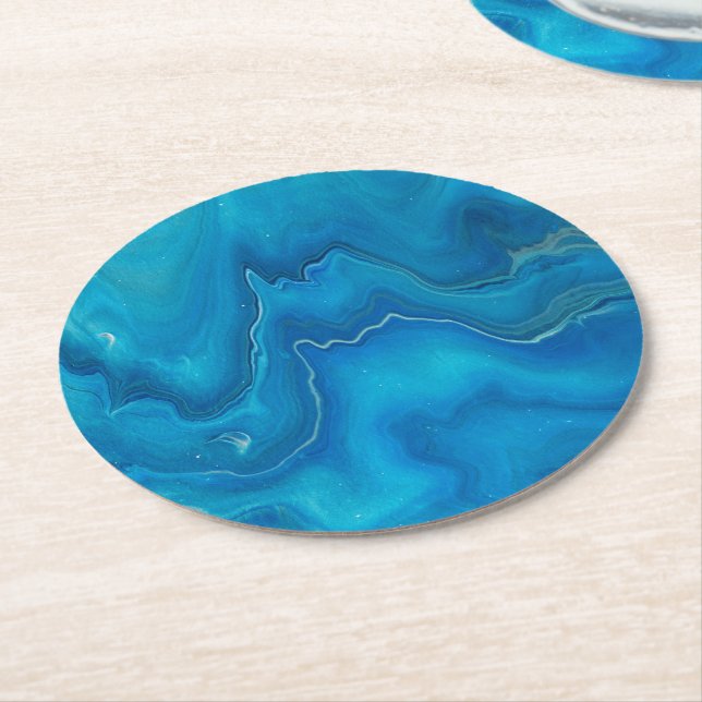 Blue & Teal Marble Agate Abstraction    Round Paper Coaster (Angled)