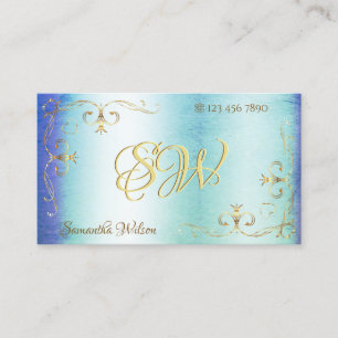 Blue Teal Marble Gold Ornate Corners with Initials Business Card