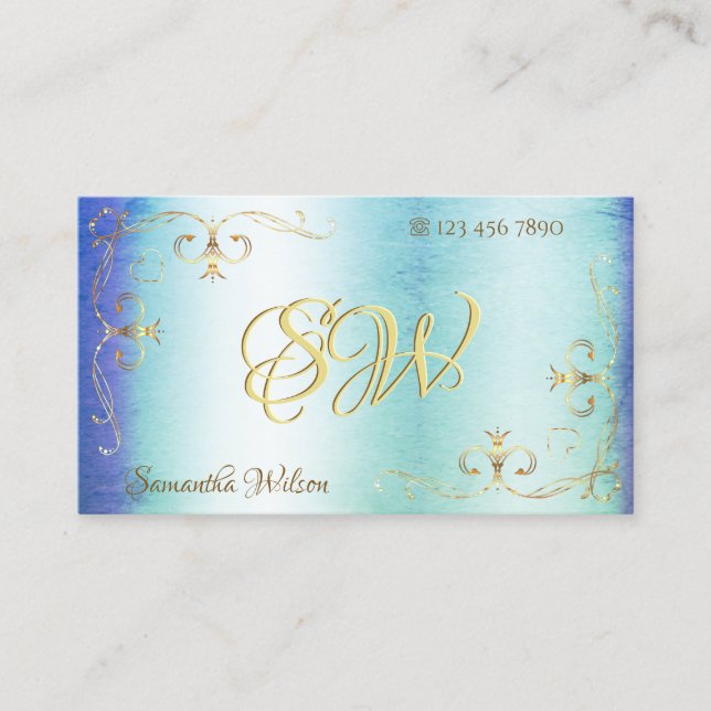 Blue Teal Marble Gold Ornate Corners with Initials Business Card (Front)