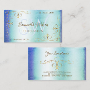 Blue Teal Marble Golden Ornate Corners Initials Business Card