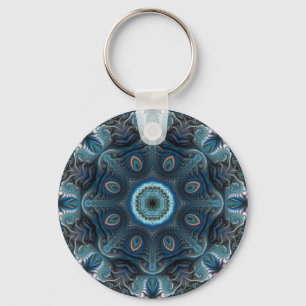 Blue Teal Mysterious Space Mandala Key Ring