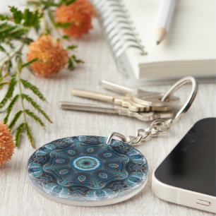 Blue Teal Mysterious Space Mandala Key Ring