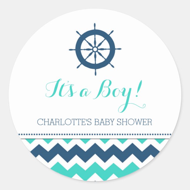 Blue Teal Nautical Baby Shower Favour Stickers (Front)