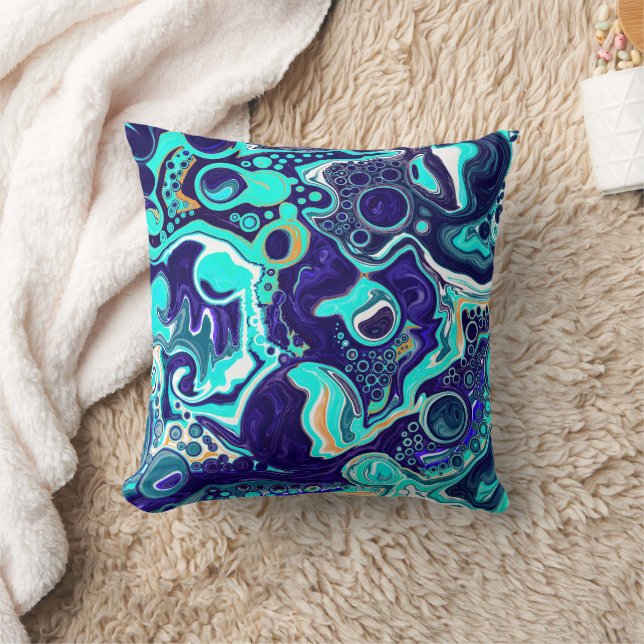  Blue Teal Ocean Swirls Fluid Art   Cushion (Blanket)