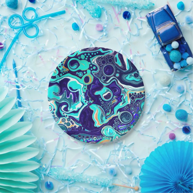  Blue Teal Ocean Swirls Fluid Art Paper Plate (Party)