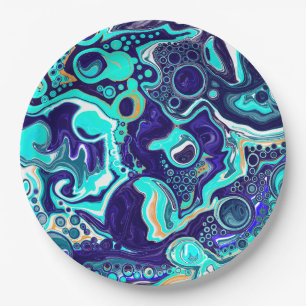 Blue Teal Ocean Swirls Fluid Art Paper Plate