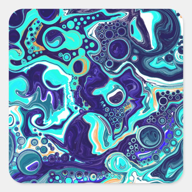  Blue Teal Ocean Swirls Fluid Art Square Sticker (Front)