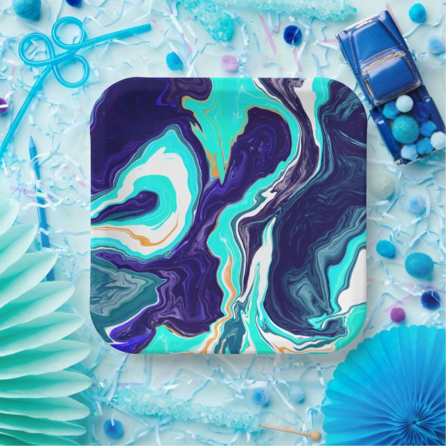  Blue Teal Ocean Swirls Marble Fluid Art  Paper Plate (Party)