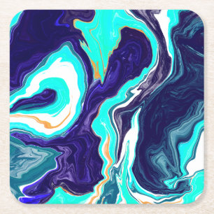 Blue Teal Ocean Swirls Marble Fluid Art Square Paper Coaster