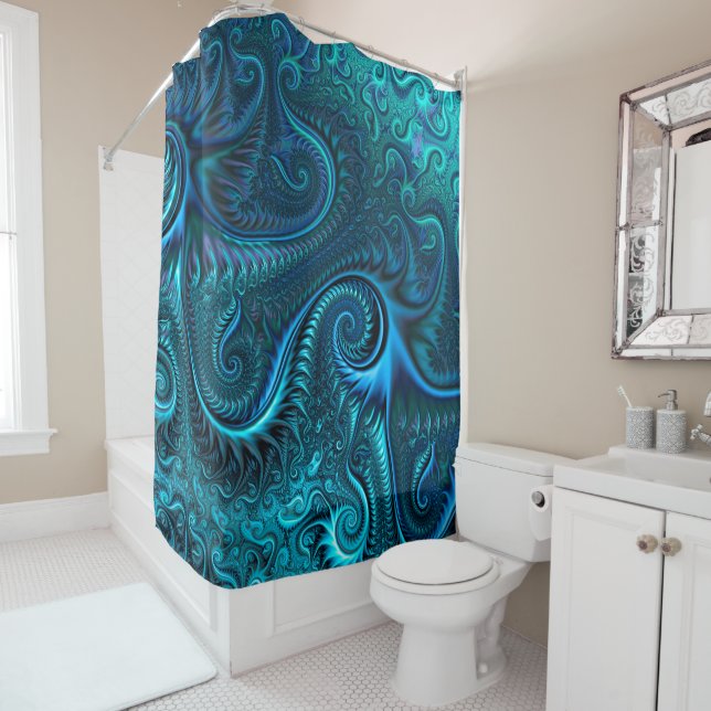 Blue & Teal Octopus Tentacles Spiral Pattern Shower Curtain (In Situ)
