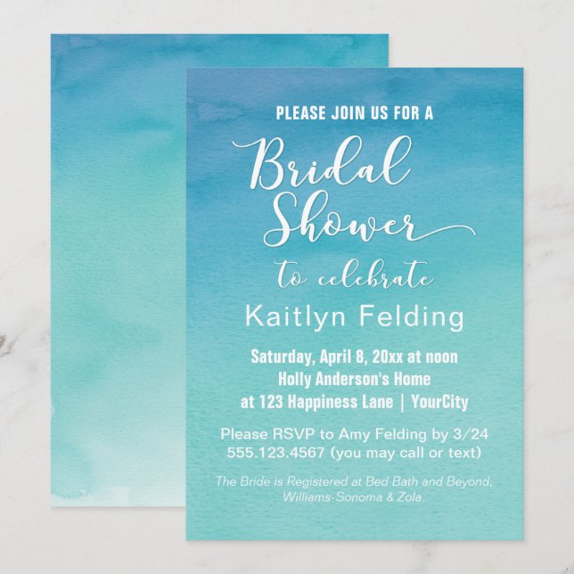 Blue & Teal Ombre Watercolor Bridal Shower, b Invitation (Front/Back)
